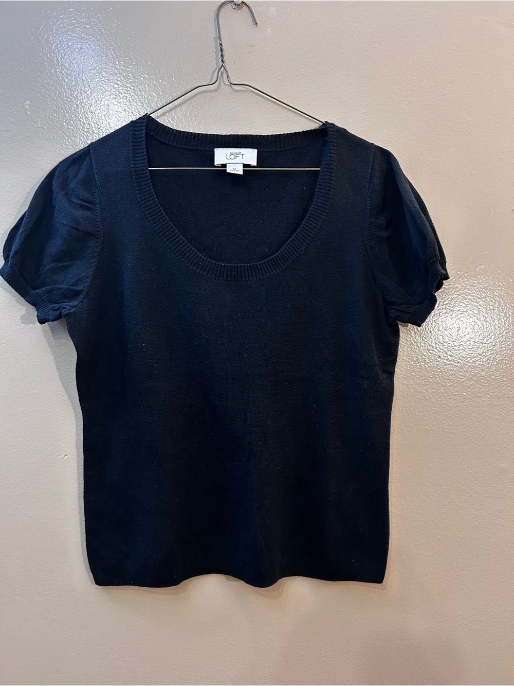 LOFT Black Scoop Neck Puff Sleeve Knit Top